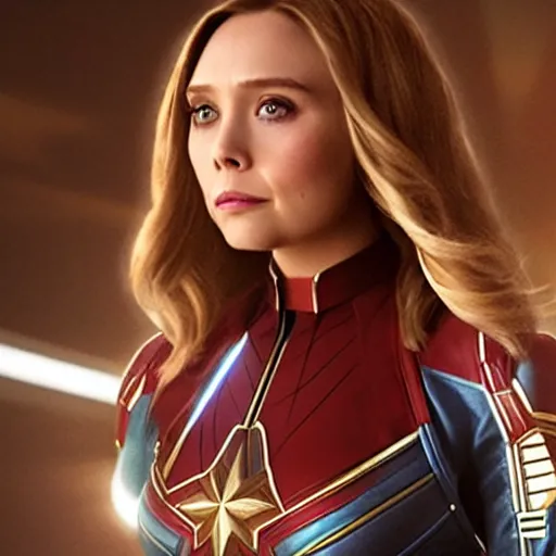 Prompt: Elizabeth Olsen as captain Marvel