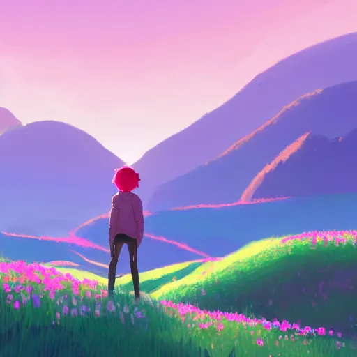 Prompt: pink haired teen boy, flower fields and mountains in the background, digital painting, artstation, highly detailed, by makoto shinkai and thomas kindle and James gilleard