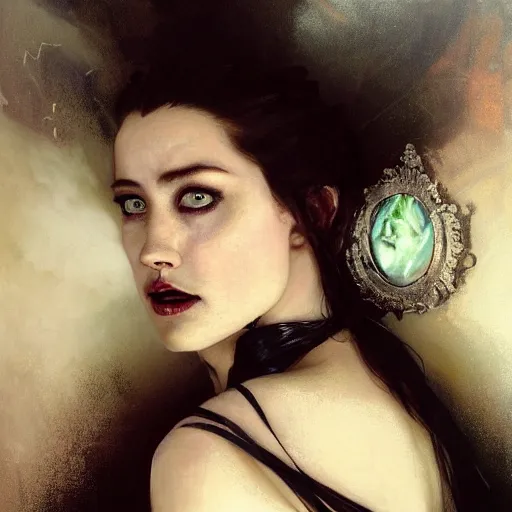 Image similar to hyperrealistic portrait of a woman as amber heard as a vampire witch tears makeup dramatic in a black flower coat reflection in a stone mirror portrait cracks with falling petals. by jeremy mann and alphonse mucha, fantasy art, photo realistic, dynamic lighting, artstation, poster, volumetric lighting, very detailed faces, 4 k, award winning
