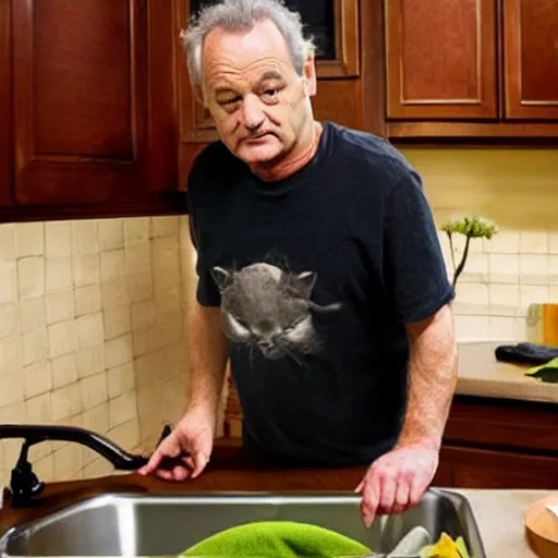 Prompt: bill murray washing dishes,