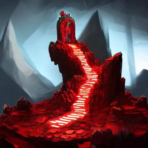 Prompt: a red ruby throne atop a mountain of gold coins and treasure, glowing in a dark cavern, concept art, fantasy, realistic, 8k, moody, atmospheric, artstation award