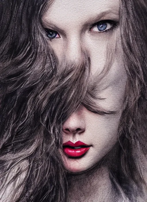 Image similar to portrait, Taylor Swift, watercolor, dramatic lighting, cinematic, establishing shot, extremely high detail, foto realistic, cinematic lighting, pen and ink, intricate line drawings, by Yoshitaka Amano, Ruan Jia, Kentaro Miura, Artgerm, post processed, concept art, artstation, matte painting, style by eddie mendoza, raphael lacoste, alex ross