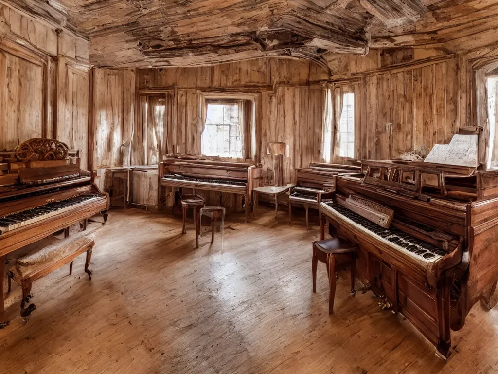 Prompt: room with old wooden piano in it, 8 k, highly detailed, amazing quality, photographic masterpiece