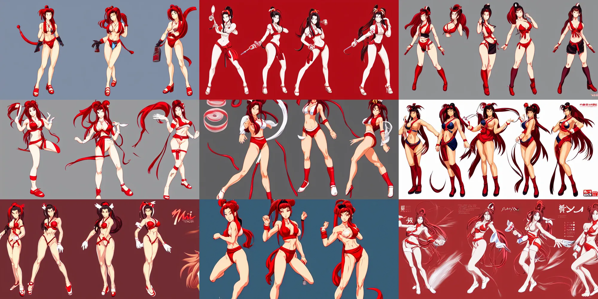 Prompt: Mai Shiranui, game character; full body art, in the Japanese videogame; character reference sheet; trending on artstation, highly detailed, clean lineart, vector line art, clean, by Ilya kuvshinnikov, simple background