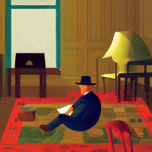 Image similar to a man sitting on top of a rug, a storybook illustration by marius borgeaud, behance contest winner, magical realism, isometric, storybook illustration, photoillustration