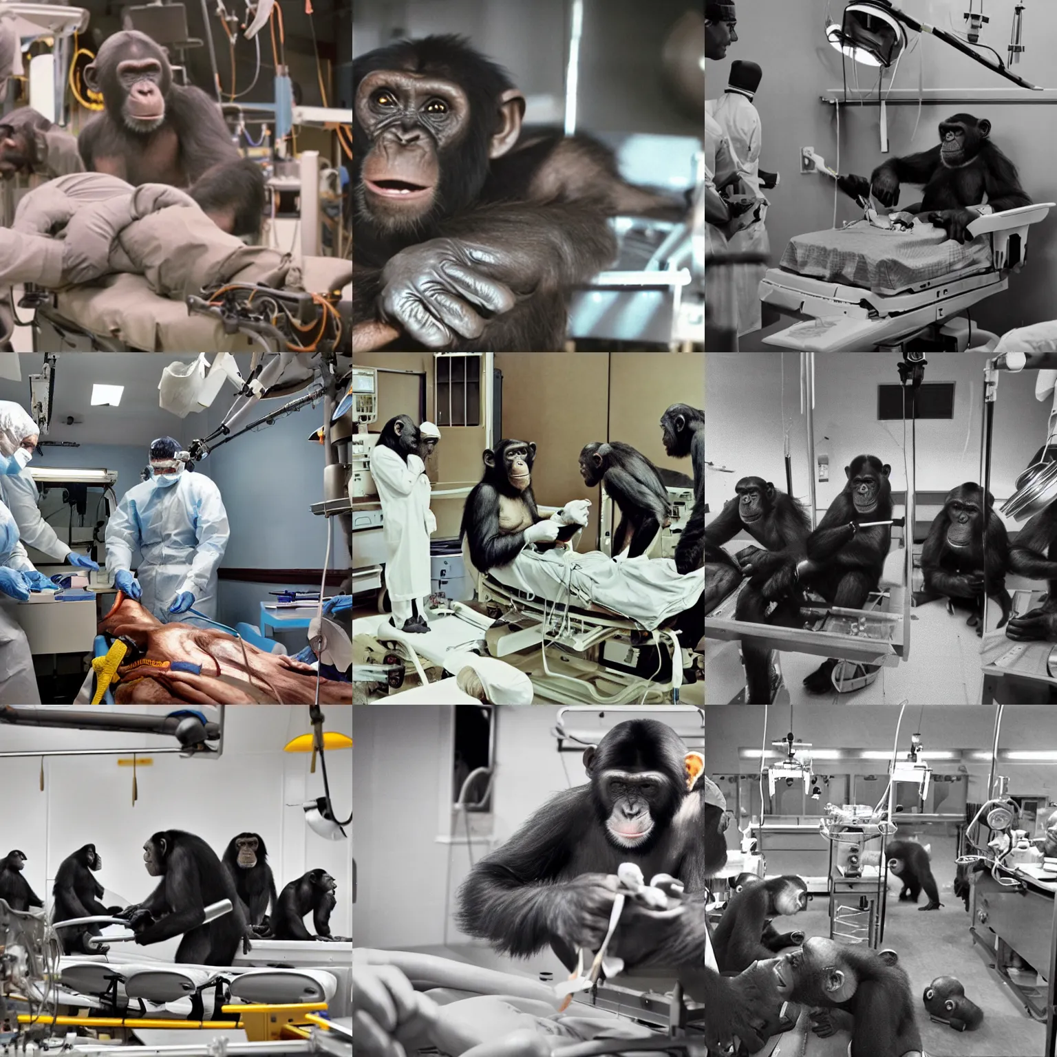 Prompt: Film still of chimpanzees in the operating room performing surgery, long shot, wide-angle lens