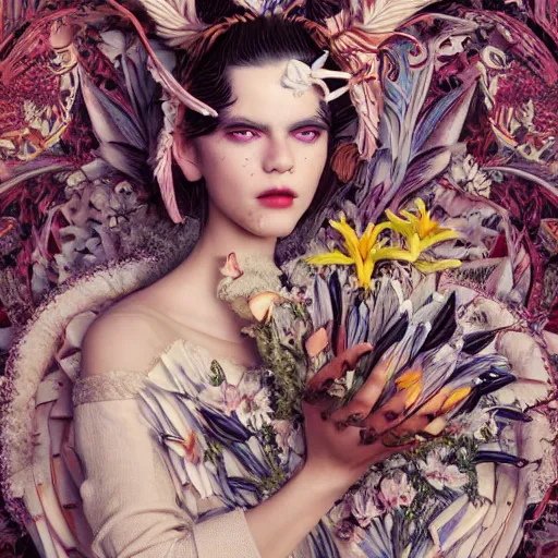 Image similar to pretty model with white wolf, white lilies : : by martine johanna and simon stalenhag and chie yoshii and casey weldon and wlop : : ornate, dynamic, particulate, rich colors, intricate, elegant, highly detailed, vogue, wolf, harper's bazaar art, fashion magazine, smooth, sharp focus, 8 k, octane render