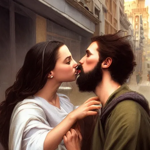 Image similar to jesus kissing a woman in a street, elegant, highly detailed, digital painting, artstation, concept art, matte, sharp focus, highly detailed, 4 k, hdr, smooth, sharp focus, high resolution, award - winning photo, photorealistic, art by artgerm and greg rutkowski and alphonse mucha, large shot