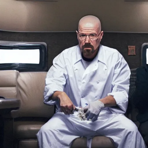 Image similar to film still of kim kardashian as walter white cooking meth inside an rv, in the tv show breaking bad, full-shot, 4k