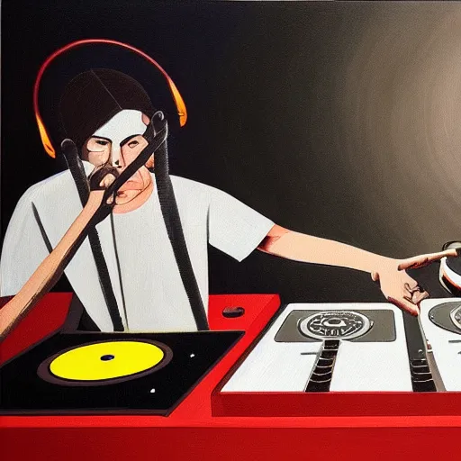 Image similar to painting of the devil as a dj with hand on record spinning