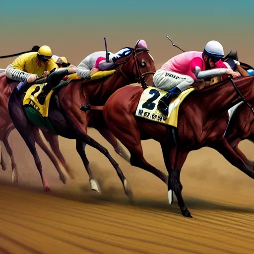 Prompt: kentucky derby horse race with a close finish at the finish line + dramatic, motion, racing, photorealistic horses, photorealistic jockeys, photorealistic : : 1 + style of john collier and leroy neiman + octane render, trending on artstation, artgerm, behance