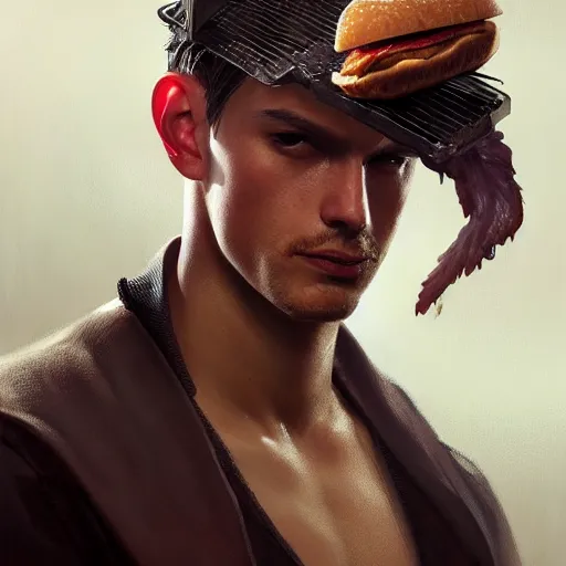 Image similar to portrait of a young rugged chicken sandwich , extra onions and ketchup, luscious patty with sesame seeds, handsome, D&D, fantasy, intricate, elegant, highly detailed, digital painting, sweaty meat, artstation, concept art, matte, sharp focus, illustration, art by Artgerm and Greg Rutkowski and Alphonse Mucha