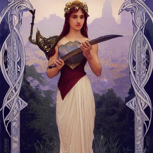 Prompt: portrait of the lady of the lake holding excalibur, elegant, art nouveau, tarot card, highly detailed, digital painting, artstation, concept art, smooth, sharp focus, illustration, art by artgerm and greg rutkowski and alphonse mucha and william - adolphe bouguereau