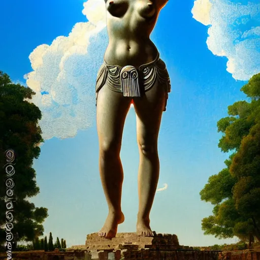 Prompt: full-body view of beatiful young greek godess in steel helmet standing on a giant Zeus head, greek temple of olympus glory island little wood bridge painting of tower ivy plant in marble late afternoon light, wispy clouds in a blue sky, by frank lloyd wright and greg rutkowski and ruan jia