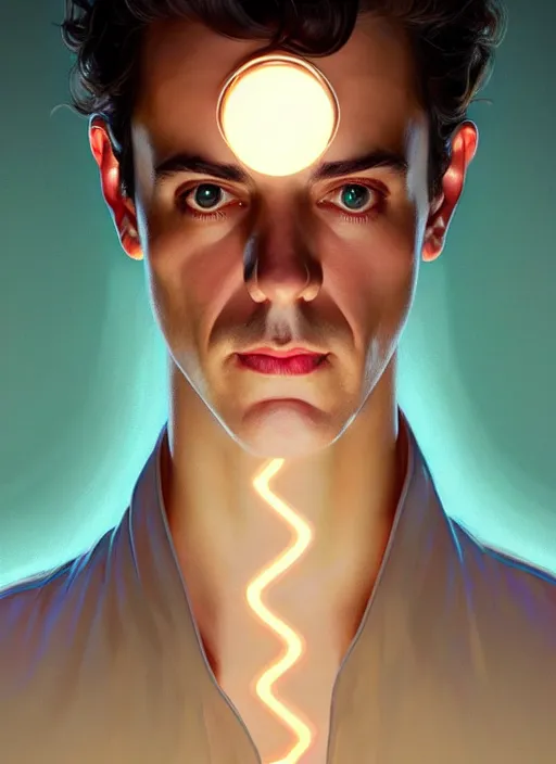 Image similar to symmetry!! portrait of seinfeld, glowing lights!! intricate, elegant, highly detailed, digital painting, artstation, concept art, smooth, sharp focus, illustration, art by artgerm and greg rutkowski and alphonse mucha