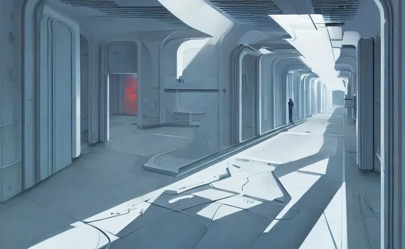 Image similar to A white futuristic modern corridor, very coherent, painted by Edward Hopper, Wayne Barlowe, painted by James Gilleard, airbrush, art by JamesJean