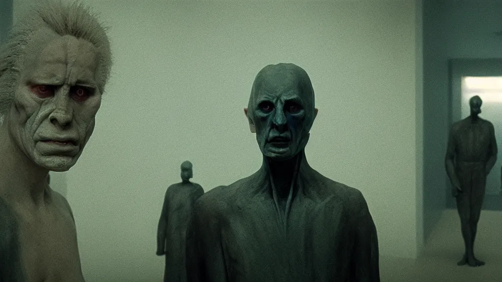 Image similar to the strange creature in line at the bank, made of wax and water, film still from the movie directed by Denis Villeneuve with art direction by Zdzisław Beksiński, wide lens