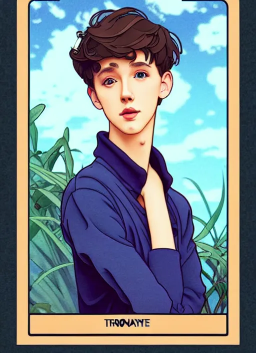 Image similar to cute troye sivan trading card design, natural lighting, path traced, highly detailed, high quality, digital painting, by don bluth and ross tran and studio ghibli and alphonse mucha, artgerm