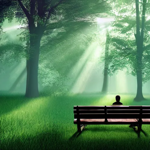 Image similar to a prince sits on a bench in a forest in front of a pond in the center, green color scheme, morning, mist, sun rays, artstation,