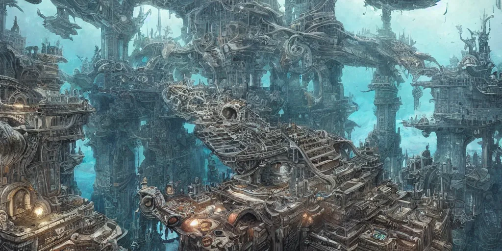 Image similar to masterpiece artwork of a underwater city, hyper detailed, art, trending in artstation, behance, deviantart, art style by kim jung gi and greg rutkowski