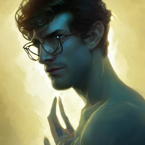 Prompt: bioluminescence portrait of a male wizard of the sun, D&D, fantasy, elegant, pale, highly dvetailed, digital painting, artstation, concept art, smooth, sharp focus, illustration, art by artgerm and greg rutkowski and alphonse mucha