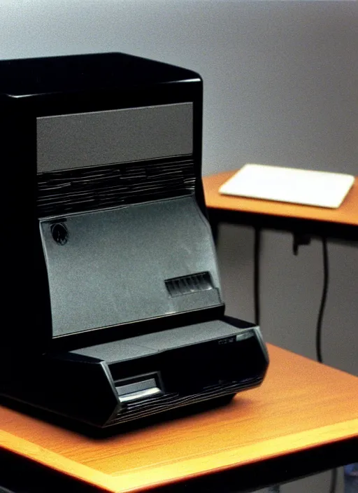 Image similar to realistic photo of a scientific model of an ugly rough complex desktop computer made of wood, display is black obsidian, front view, 1 9 9 0, life magazine reportage photo, metropolitan museum photo