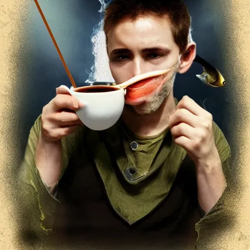 Image similar to photomanipulation of a supernatural fish drinking a cup of tea by a straw.