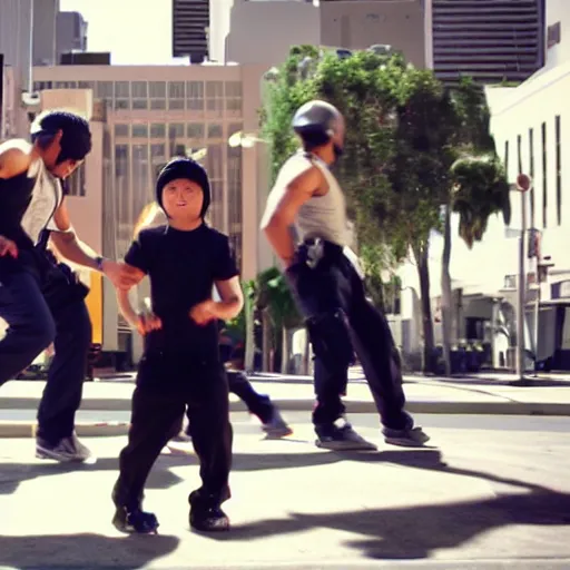 Prompt: Film still of Los Angeles Vice Squad (2012). Thug ninja break dance scene. Sigma 85mm f/8