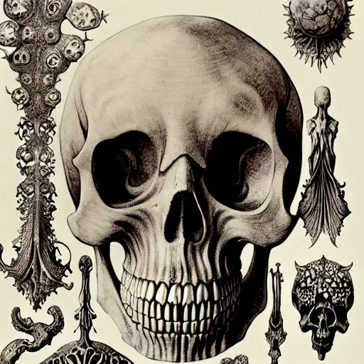 Image similar to memento mori by arthur rackham, art forms of nature by ernst haeckel, exquisitely detailed, art nouveau, gothic, ornately carved beautiful skull dominant, intricately carved antique bone, art nouveau botanicals, ornamental bone carvings, art forms of nature by ernst haeckel, horizontal symmetry, arthur rackham, ernst haeckel, symbolist, visionary