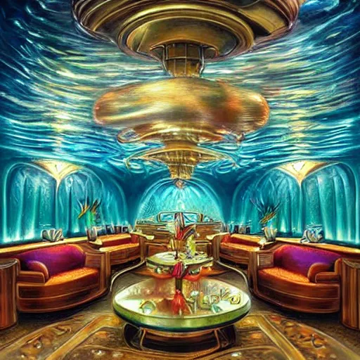 Prompt: beautiful Peter Mohrbach and Mark Keathley highly detailed illustration of an underwater art deco lounge