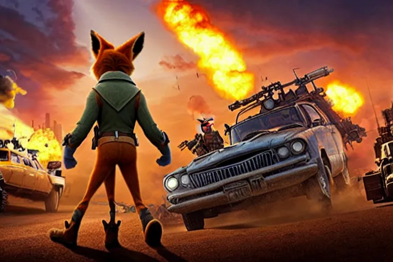 Image similar to nick wilde ( from zootopia ), heavily armed and armored facing down armageddon in a dark and gritty reboot from the makers of mad max : fury road