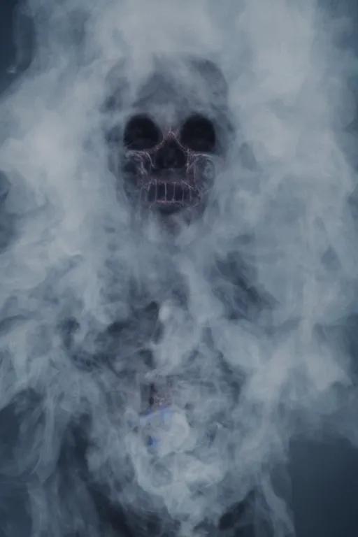 Prompt: portrait photograph of spooky face emitting smoke, high-resolution like terror movement, dark and dull colors