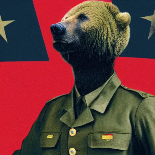 Image similar to a portrait of a socialist comrade bear in a military uniform waving a red flag