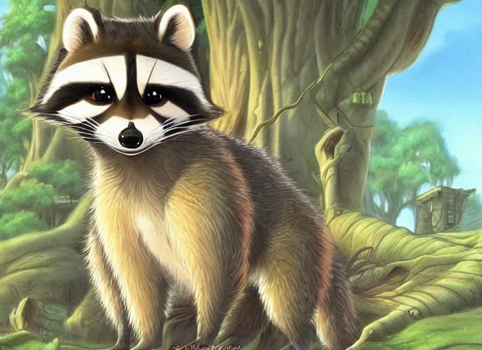 Image similar to official artwork of a raccoon character by don bluth, beautiful artwork, volumetric shading, high quality cartoon.