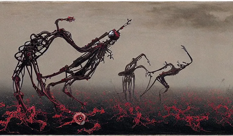 Prompt: still frame from Prometheus by Jakub rozalski by utagawa kuniyoshi by Yves Tanguy, Vast blossoming hell plains with resurrecting crimson filament mycelium biomechanical giger cyborgs in style of Jakub rozalski with character designs by Neri Oxman, metal couture haute couture editorial