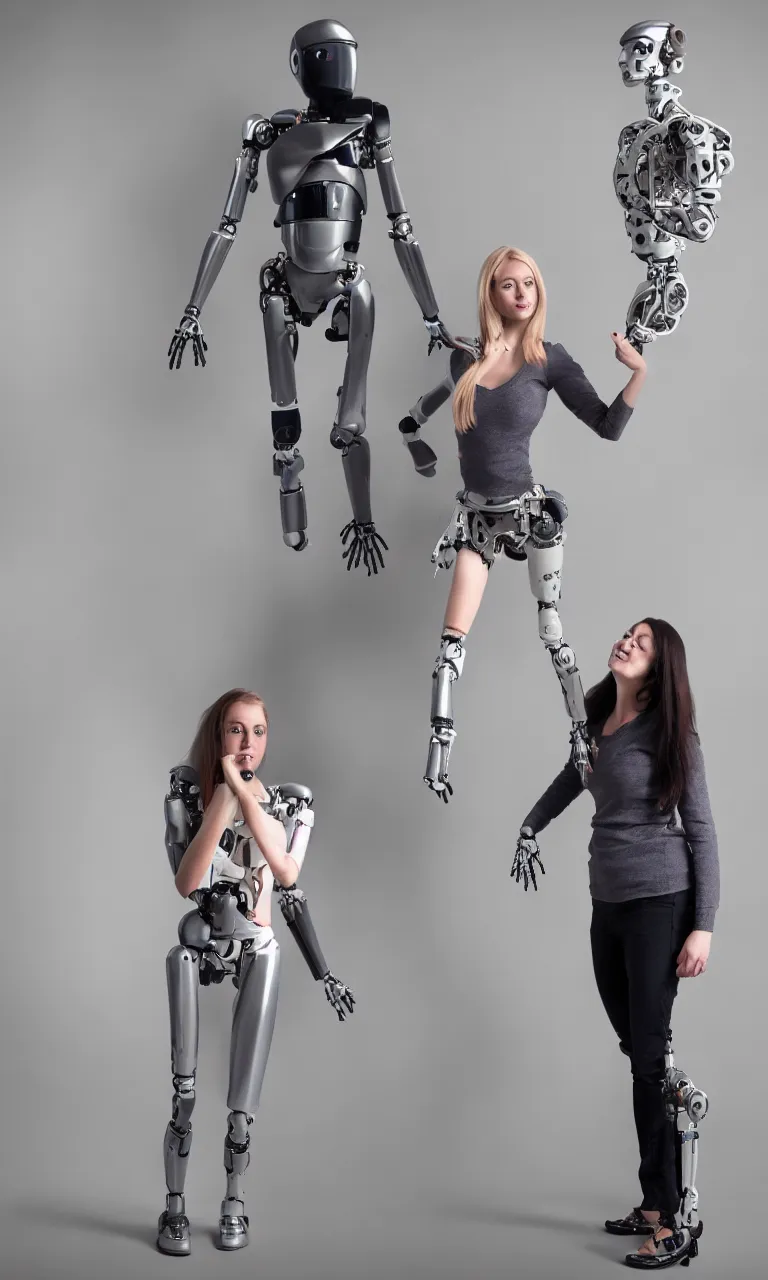 Image similar to full body photo of a woman with human face and robot body, robot body, steel body, human face, cyborg body