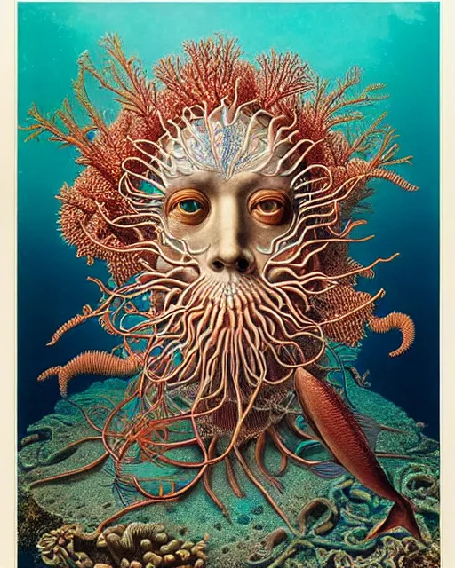 Image similar to hyperrealistic detailed underwater face portrait of the beautiful god of the fish with an intricate headgear of corals, sea kelp, sea plants, fish, starfish, jellyfish, art by ernst haeckel, james jean, gothic, neo - gothic, ornamental, beautiful deep colours,