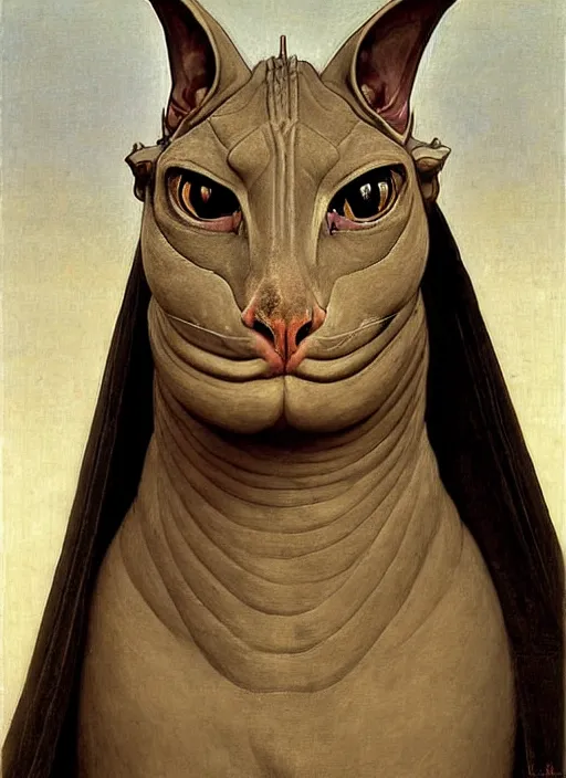 Image similar to portrait of a sphinx cat is a chinese dragon in armor and helmet, majestic, solemn, symmetrical, detailed intricate, hyper realistic, by bouguereau