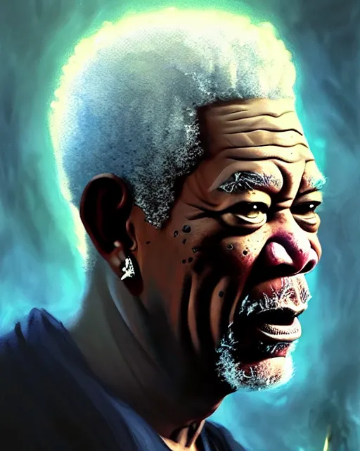 Prompt: morgan freeman as god of hell, as hades, underworld, greek mythology | | realistic shaded, fine details, realistic shaded lighting painting by greg rutkowski, diego gisbert llorens, magali villeneuve, artgerm, jeremy lipkin, michael garmash, rob rey