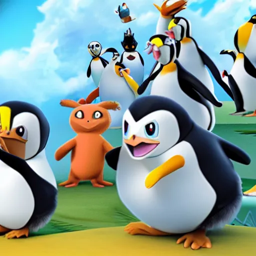 Prompt: penguins from Madagascar invading the pokemon world, 4k