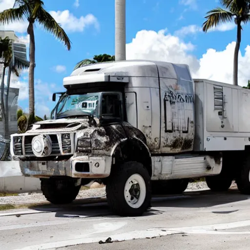 Image similar to cybertruck explosion miami apocalypse