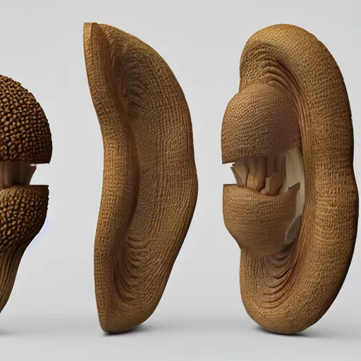Image similar to woodcarving of multiple mushroom texture, photorealism, octane render, 8k