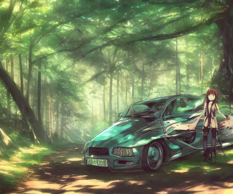 Image similar to car in a forest, anime fantasy illustration by tomoyuki yamasaki, kyoto studio, madhouse, ufotable, comixwave films, trending on artstation