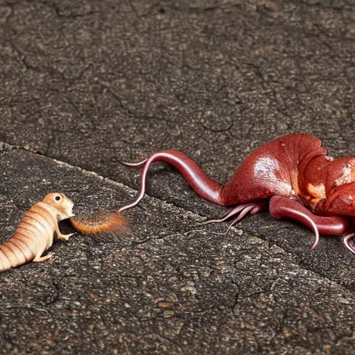 Prompt: earthworm octopus dragging a dead squirrel across a sidewalk on rainy day, leaving streak of red slime, macro photography, hd, ultra 4 k realistic