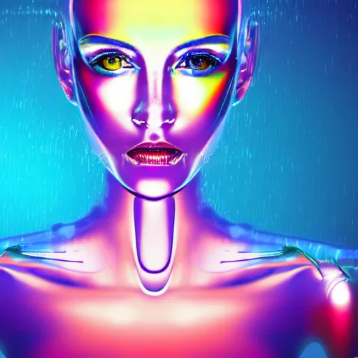 Prompt: portrait of a beautiful android woman, futuristic, chrome and colorful,