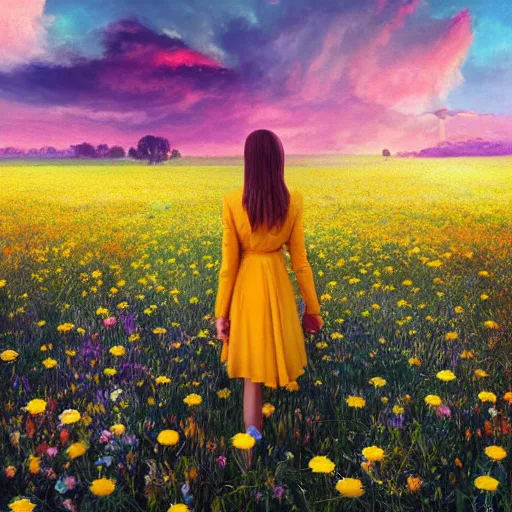 Prompt: full body girl standing in a flower field, her head is hidden behind the huge daisy flower,. surreal photography, sunrise, dramatic light, impressionist painting, colorful clouds, digital painting, artstation, simon stalenhag