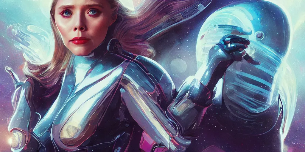 Image similar to Elizabeth Olsen as a stunning , beautiful retro SCI-FI space heroine 1985 , movie poster, intricate, elegant, highly detailed, centered, digital painting, trending on artstation, concept art, smooth, sharp focus, illustration, art by raphael lacoste ,eddie mendoza ,alex ross, WLOP