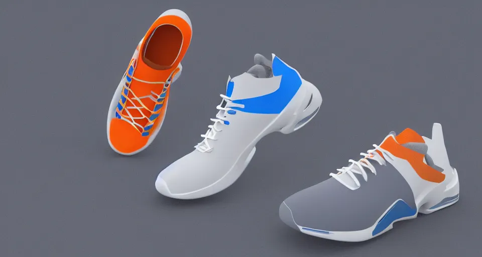 Prompt: concept running shoe in white, blue, and orange. artstation, octane render, 8 k, high quality, sharp focus.