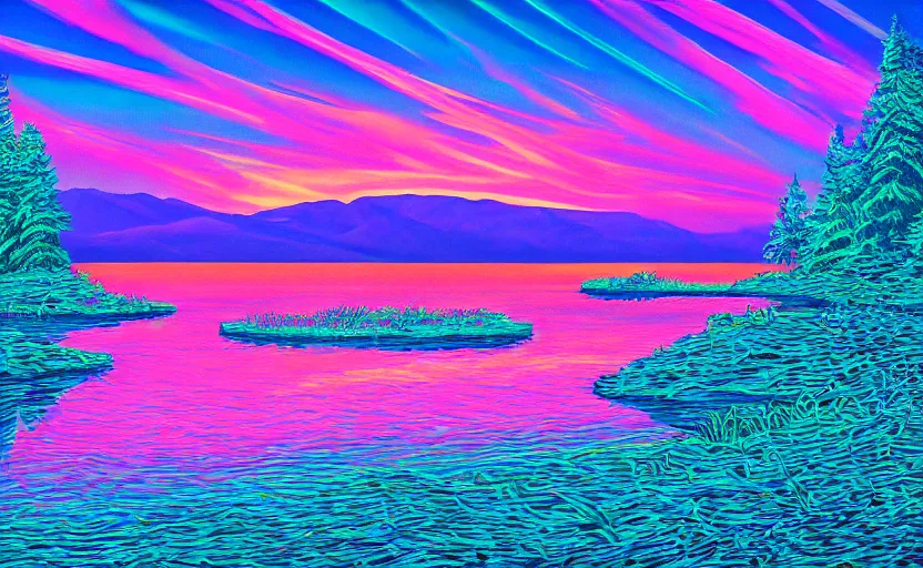 Image similar to beautiful award winning synthwave painting of a canadian lake, extreme detail, digital art, 4 k, ultra hd