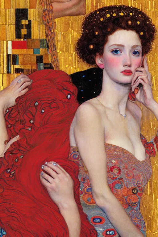 Prompt: two beautiful young goddess, red lighting, kiss, highly detailed, artstation, illustration, art by Gustav Klimt